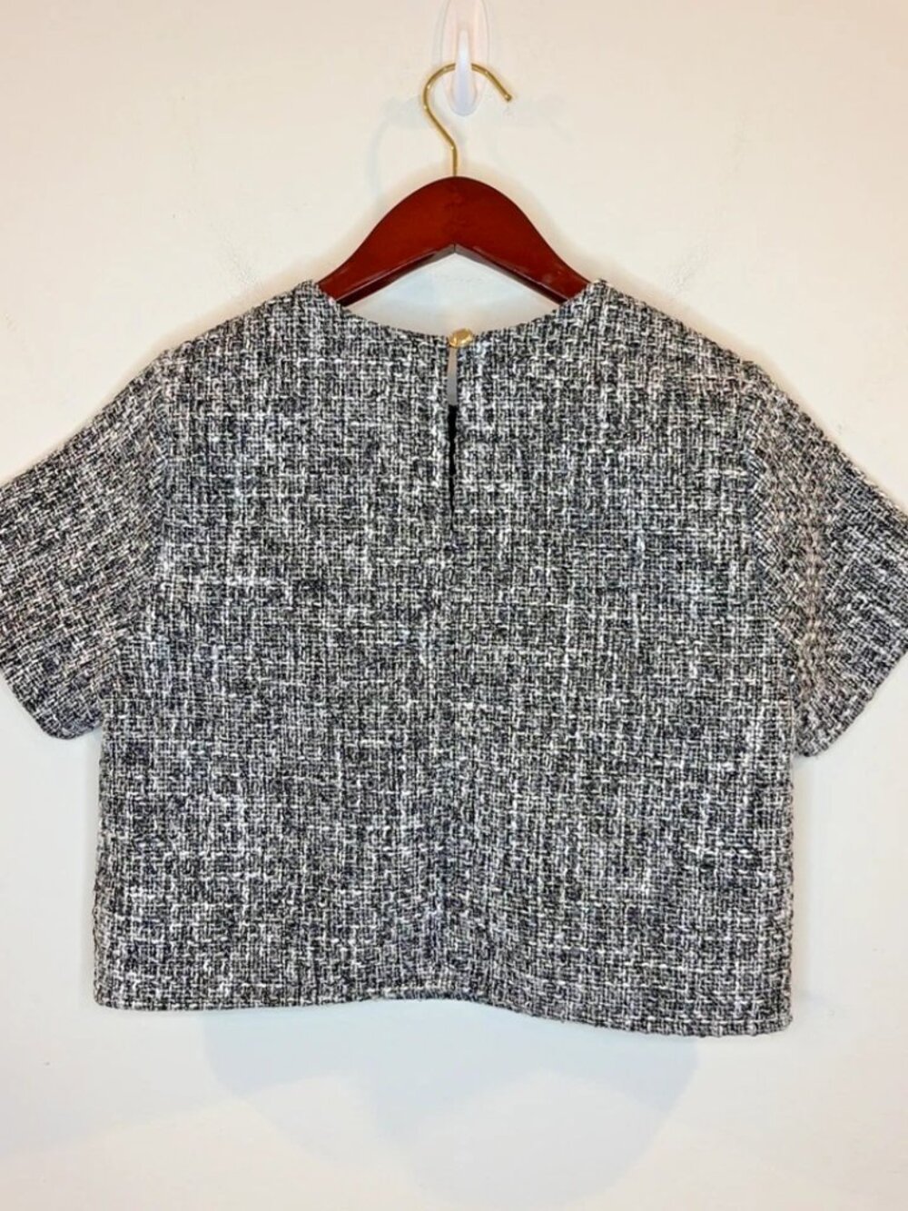 Abercrombie & Fitch Womens XS Tweed Woven Tee Top Black White Cropped Boxy Lined - Picture 6 of 14